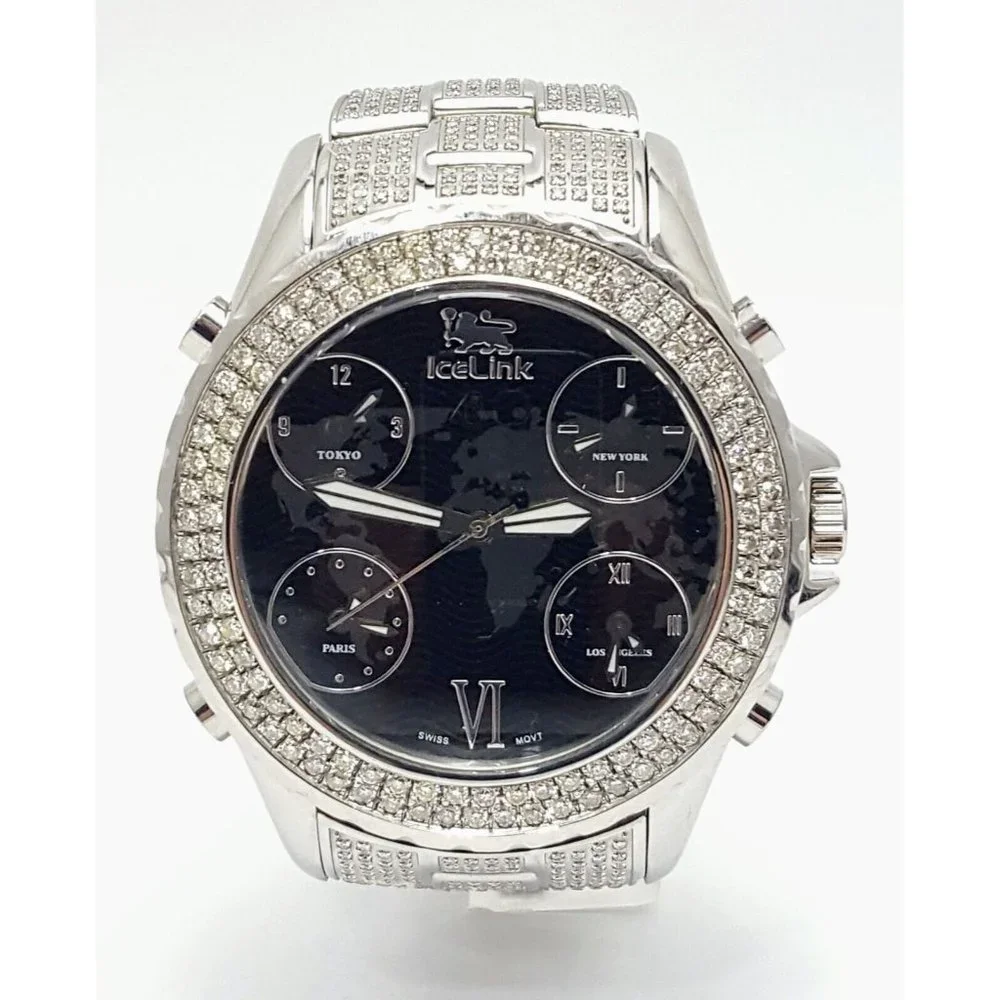 IceLink Marco Polo No. 1409 Black and Steel Watch w/Diamond Bezel and Strap 50mm